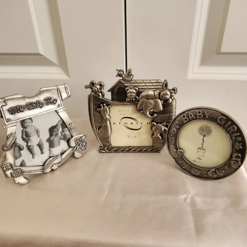 Vintage Pewter Noah’s Ark Picture Frame, Baby Girl & Baby Boy Frame